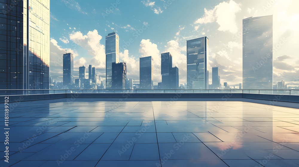 Empty city square and skyline with modern architecture, symbolizing the calm and order in a large city Empty city square and skyline with modern architecture, symbolizing the calm and order in a large city