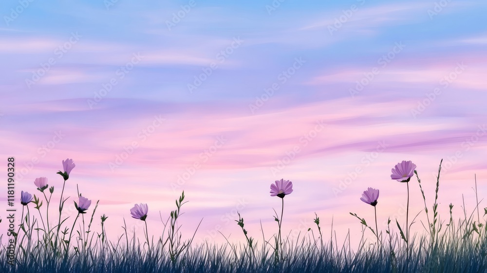 Fototapeta premium A breathtaking meadow, vibrant wildflowers bloom beneath vast and picturesque sky