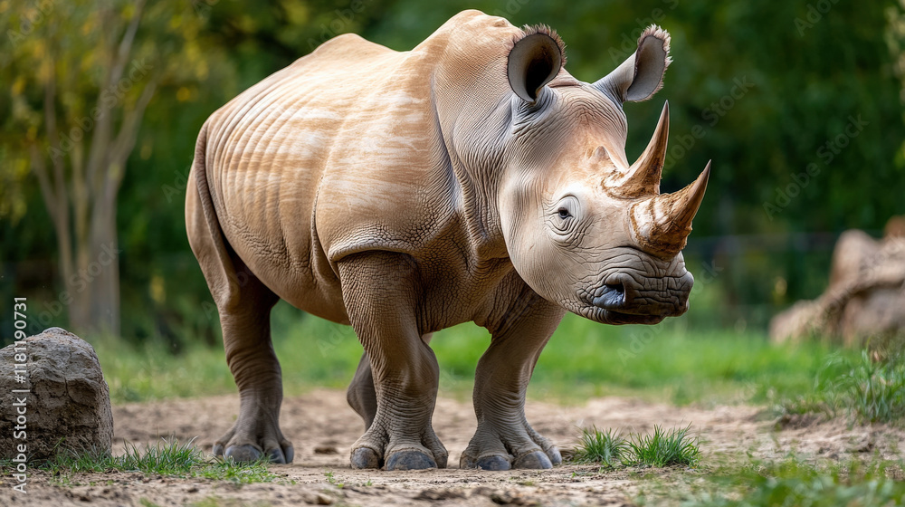 Naklejka premium majestic rhinoceros walking through natural habitat, showcasing its unique features and strength. scene captures beauty of wildlife in serene environment