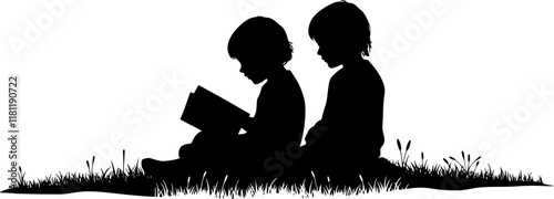 Vector silhouette of siblings sitting in the grass and reading book on white background. Symbol of girl, sister, brother, friends, family, infant, childhood Transparent background PNG cutout.