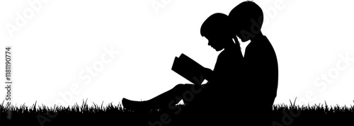 Vector silhouette of siblings sitting in the grass and reading book on white background. Symbol of girl, sister, brother, friends, family, infant, childhood Transparent background PNG cutout.