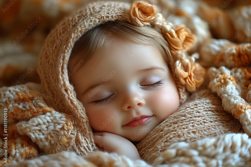 Baby Girl Sleeping Peacefully In Knitted Blanket Baby Girl Sleeping Peacefully In Knitted Blanket