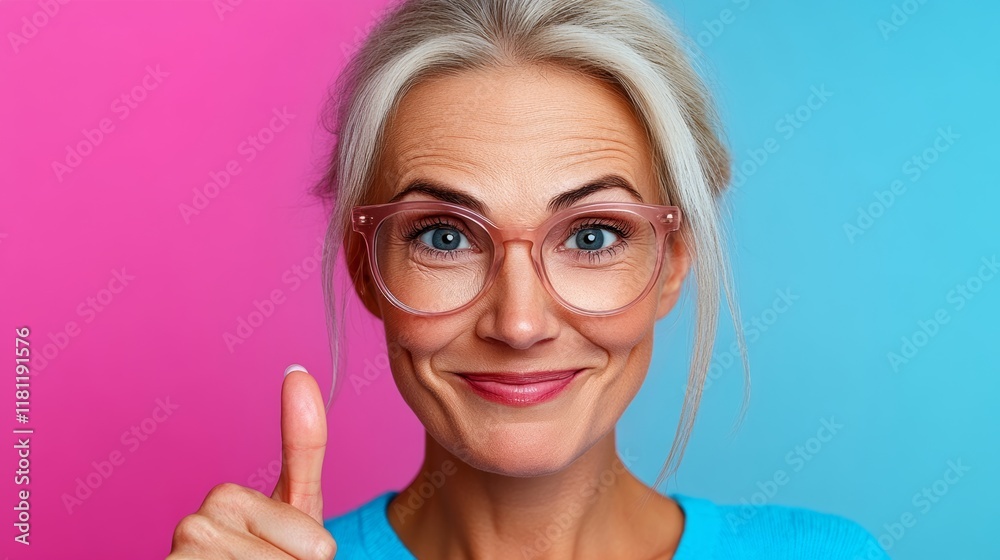 Woman with glasses is smiling and pointing her finger. She is wearing a blue shirt. Concept of positivity and happiness Woman with glasses is smiling and pointing her finger. She is wearing a blue shirt. Concept of positivity and happiness