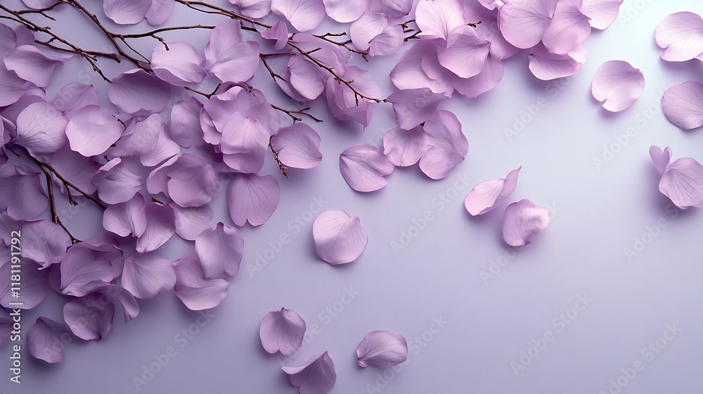 Fototapeta premium A flat-lay of cherry blossom petals and small branches spread evenly on a soft lavender background, ideal for elegant branding materials
