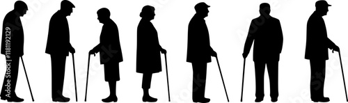 Vector silhouette of old people on white background. Transparent background PNG cutout.