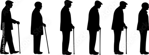 Vector silhouette of old people on white background. Transparent background PNG cutout.