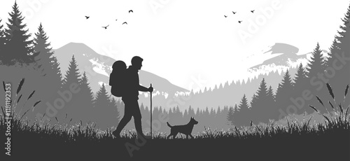 Vector silhouette of woman hiking with her dog in park with mountains in the background. Symbol of nature and wild. Transparent background PNG cutout.