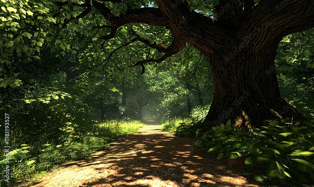 Sunlit forest path under large oak tree, ideal for nature backgrounds. Sunlit forest path under large oak tree, ideal for nature backgrounds.