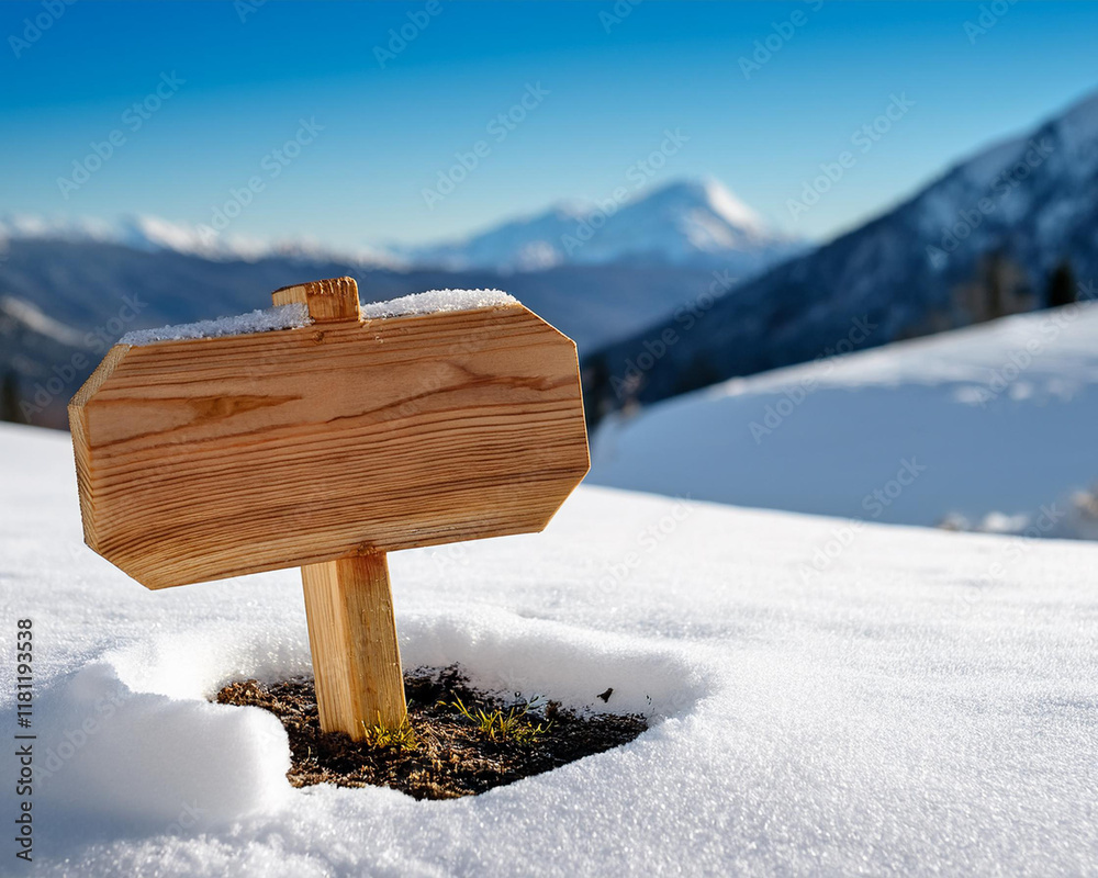 Naklejka premium small wooden pancarte, area for text, snowy setting, with mountain decorations in the background