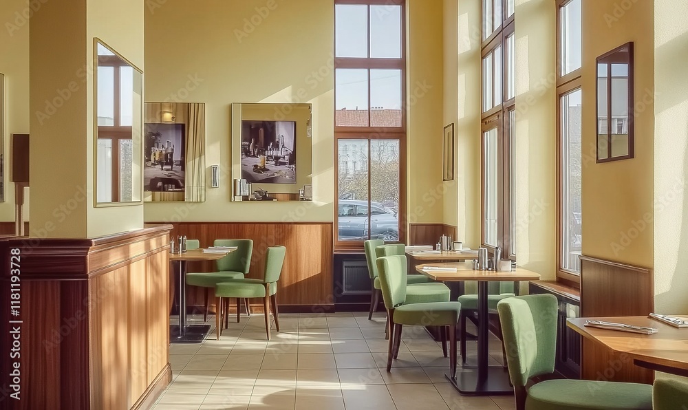 Sunny cafe interior with green chairs, wooden tables, and large windows. Sunny cafe interior with green chairs, wooden tables, and large windows.