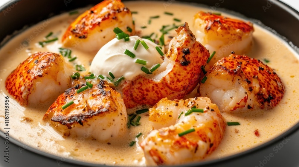 Creamy scallops in a rich sauce, garnished with chives, presented in a black bowl, showcasing a gourmet culinary dish. Creamy scallops in a rich sauce, garnished with chives, presented in a black bowl, showcasing a gourmet culinary dish.
