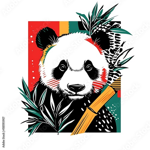 Stylized panda illustration with bamboo elements. photo