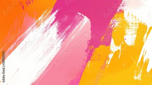 A vibrant abstract composition with bold brushstrokes in shades of orange, pink, and yellow, perfect for modern interiors