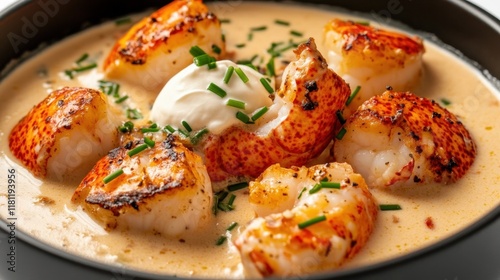 Wallpaper Mural Creamy scallops in a rich sauce, garnished with chives, presented in a black bowl, showcasing a gourmet culinary dish. Torontodigital.ca