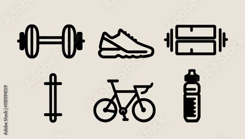 Fitness Icons Dumbbells Weights Sneakers Bike Water Bottle Workout Graphics