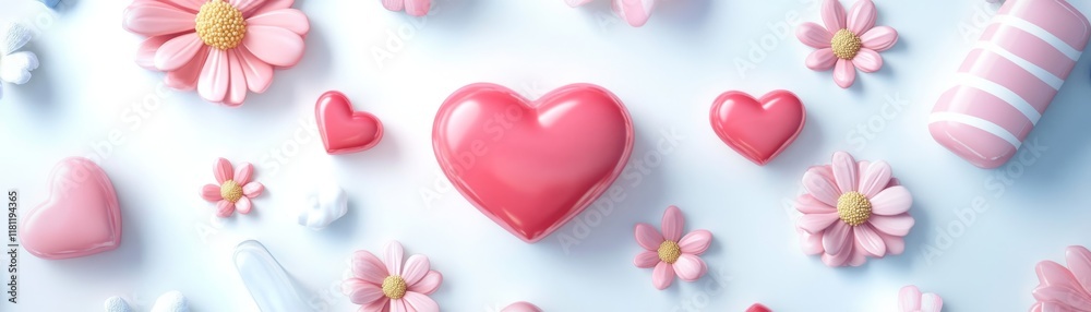 Delicate pink heart and blossoms on a tranquil blue background Delicate pink heart and blossoms on a tranquil blue background