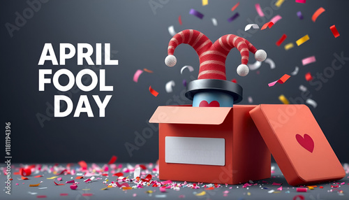 clown head jumping out of surprise box surrounded by ribben. Concept of playful atmosphere of April Fools Day celebration photo