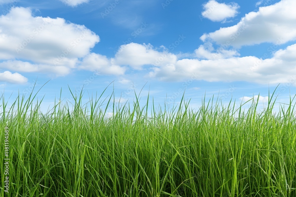 Lush green grass field, blue sky, fluffy clouds, nature background, website banner Lush green grass field, blue sky, fluffy clouds, nature background, website banner