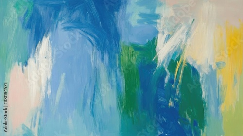 A vibrant abstract painting with dynamic blue and green brushstrokes, accented by soft yellow and white highlights