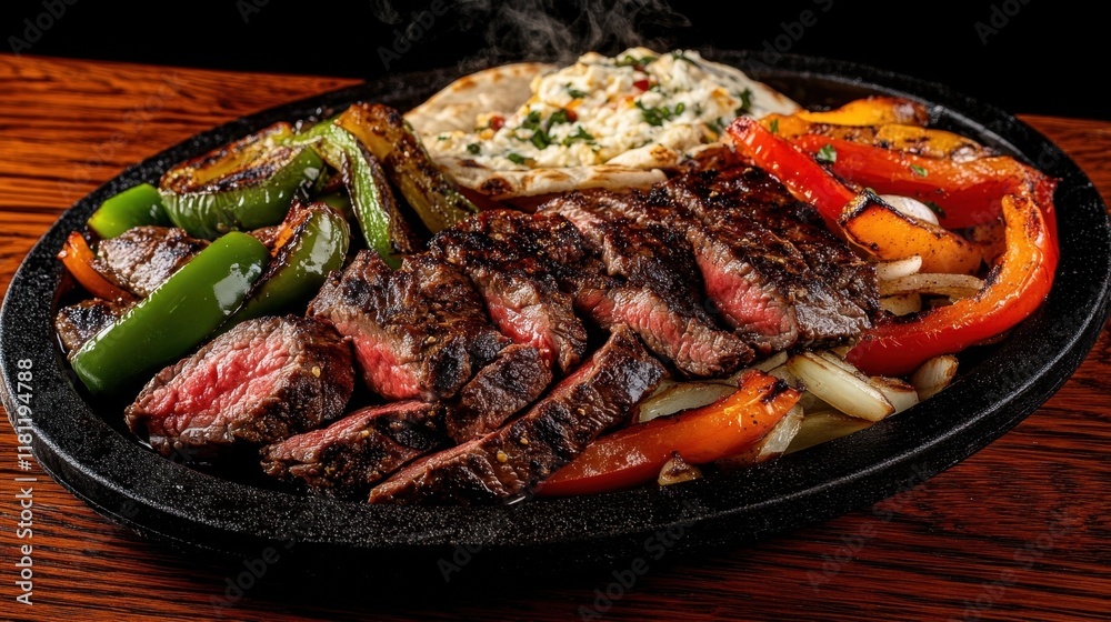 Sizzling steak with colorful bell peppers and onions served on a hot platter, accompanied by a side of flatbread. Sizzling steak with colorful bell peppers and onions served on a hot platter, accompanied by a side of flatbread.