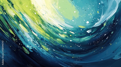 A vibrant abstract painting with dynamic blue and green brushstrokes, accented by soft yellow and white highlights