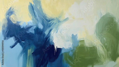 A vibrant abstract painting with dynamic blue and green brushstrokes, accented by soft yellow and white highlights