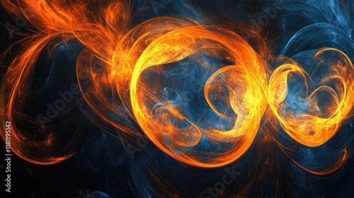 A vibrant abstract painting with dynamic orange and yellow swirls, contrasted by dark blue and black tones