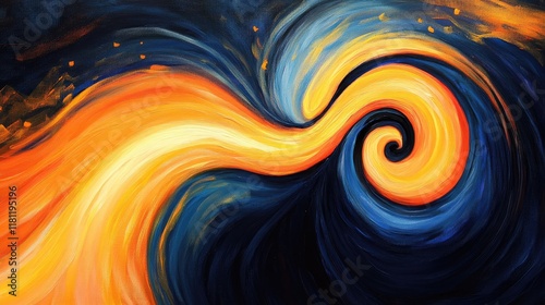 A vibrant abstract painting with dynamic orange and yellow swirls, contrasted by dark blue and black tones