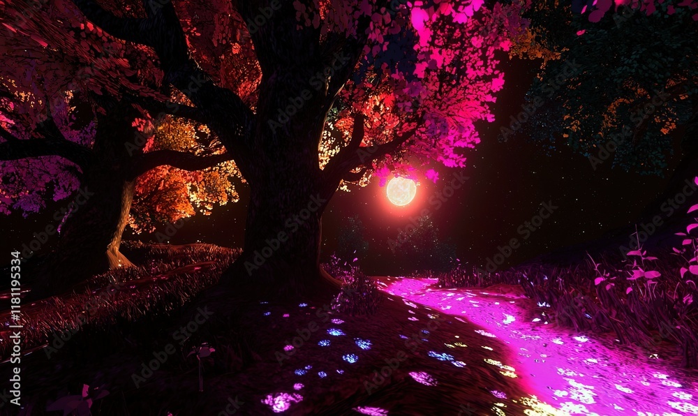 Fototapeta premium Vibrant neon forest with glowing river at night under large moon.