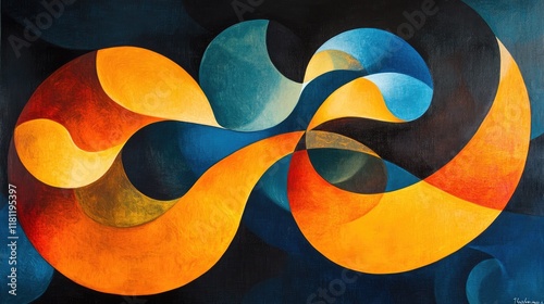 A vibrant abstract painting with dynamic orange and yellow swirls, contrasted by dark blue and black tones