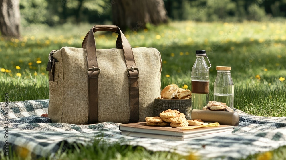Fototapeta premium A canvas bag on a picnic blanket, holding snacks, books, and a water bottle.