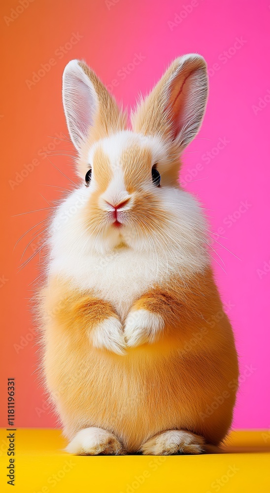 Obraz premium Cute little rabbit with a pink background. The rabbit is standing on a yellow surface and looking at the camera
