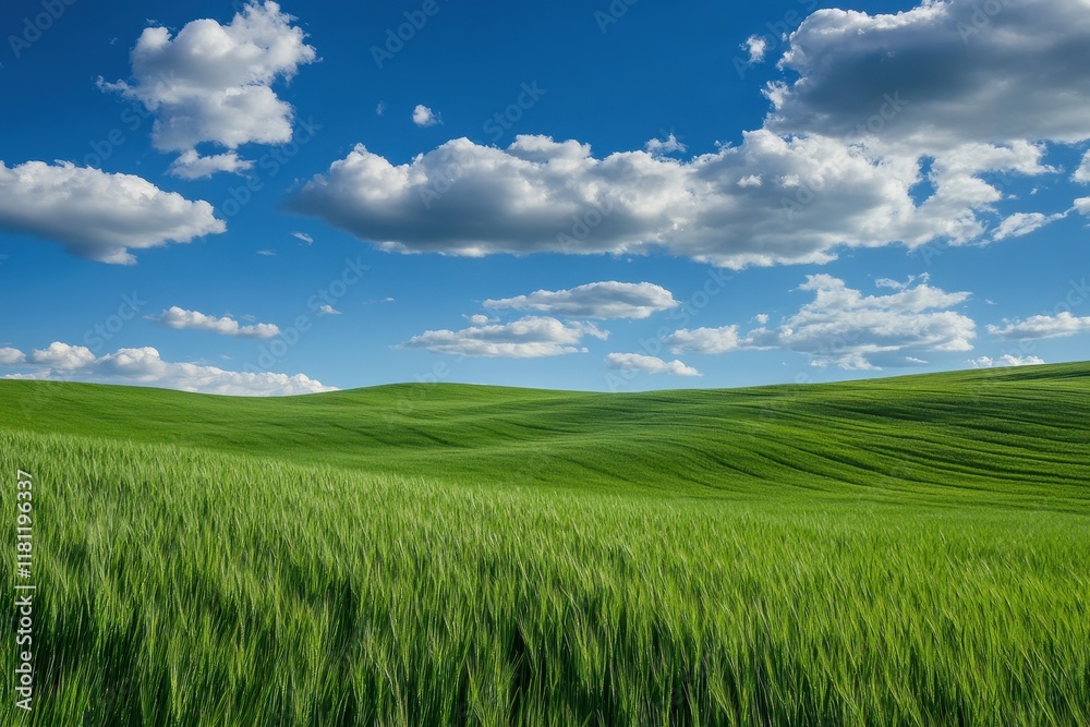 Rolling green wheat field under a vibrant blue sky Rolling green wheat field under a vibrant blue sky