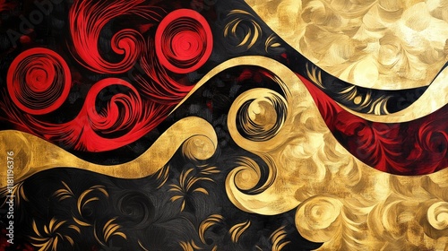 A vibrant artwork with swirling gold and red patterns, featuring bold black accents for a dramatic flair