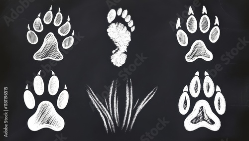 Chalkboard Illustration of Animal Tracks Paw Prints Human Footprint Grass photo