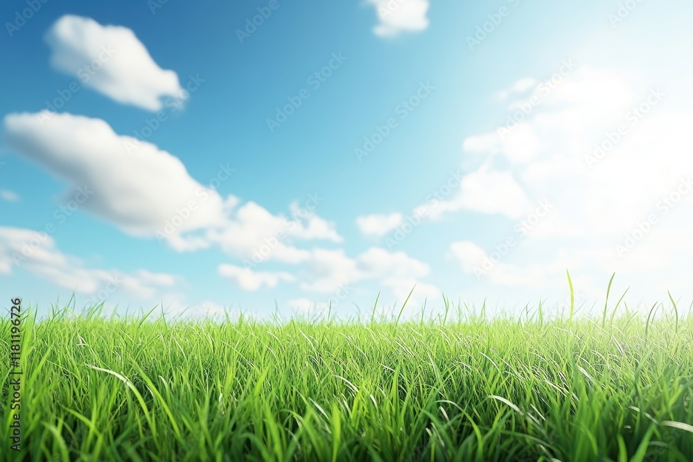 Sunny meadow, green grass, blue sky, clouds, nature Sunny meadow, green grass, blue sky, clouds, nature
