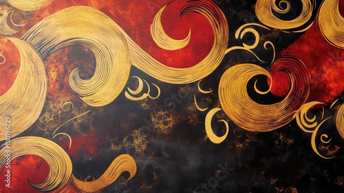 A vibrant artwork with swirling gold and red patterns, featuring bold black accents for a dramatic flair