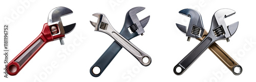 Three adjustable wrenches on a white isolated background.