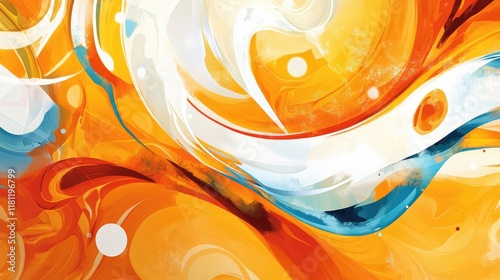 A vibrant abstract artwork with swirling orange and yellow patterns, accented by hints of white and blue