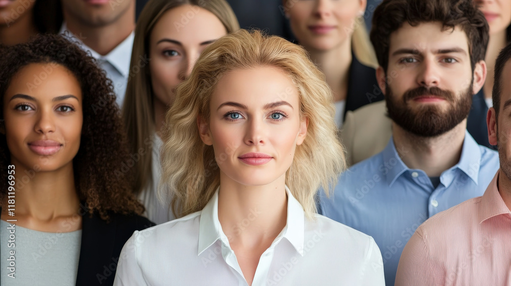 Obraz premium Diverse group of professionals standing together, showcasing unity and collaboration in corporate environment. Their expressions reflect confidence and determination