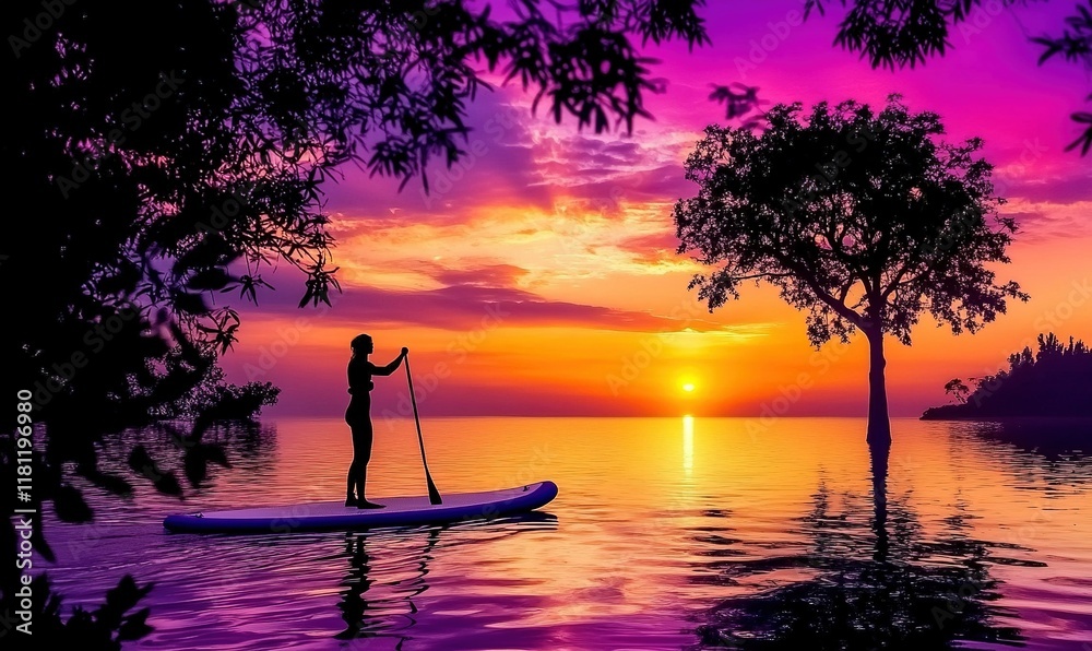 Fototapeta premium Woman paddleboarding at vibrant tropical sunset, silhouetted against colorful sky.
