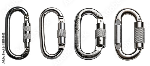 Various metal carabiners isolated on a white background. photo