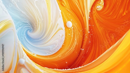 A vibrant abstract artwork with swirling orange and yellow patterns, accented by hints of white and blue