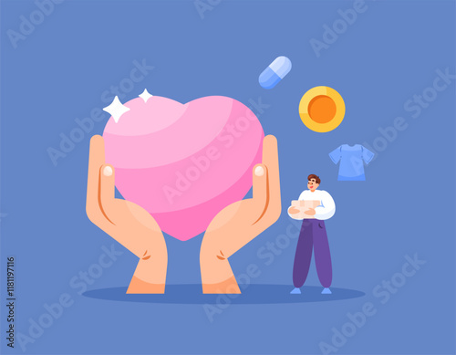 charity event and donation concept. aid and humanity. illustration of a volunteer or donor donating clothing, food, money, and medicine. hands holding a heart. flat style design. elements