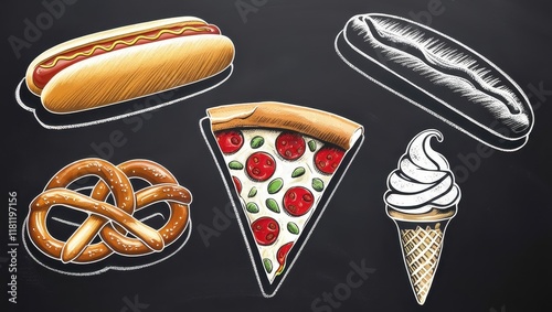 Delicious Fast Food Menu Hot Dog Pizza Pretzel Ice Cream and Sub Sandwich Chalkboard Illustration photo