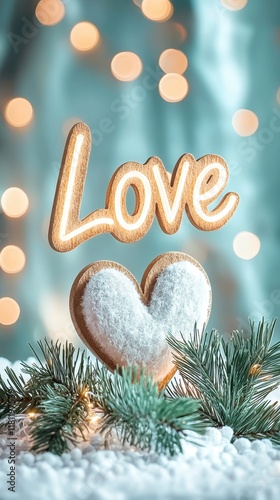 Valentine's theme concept with defocused aurora background. A heart-shaped cookie with "Love" on a festive background