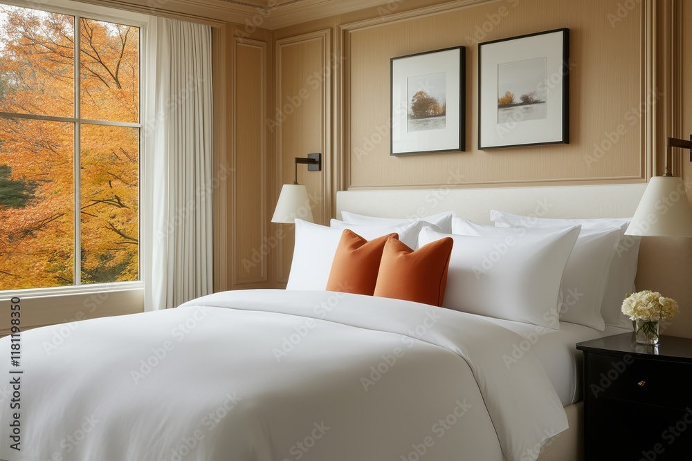 Cozy bedroom interior with autumn view through window and elegant decor Cozy bedroom interior with autumn view through window and elegant decor