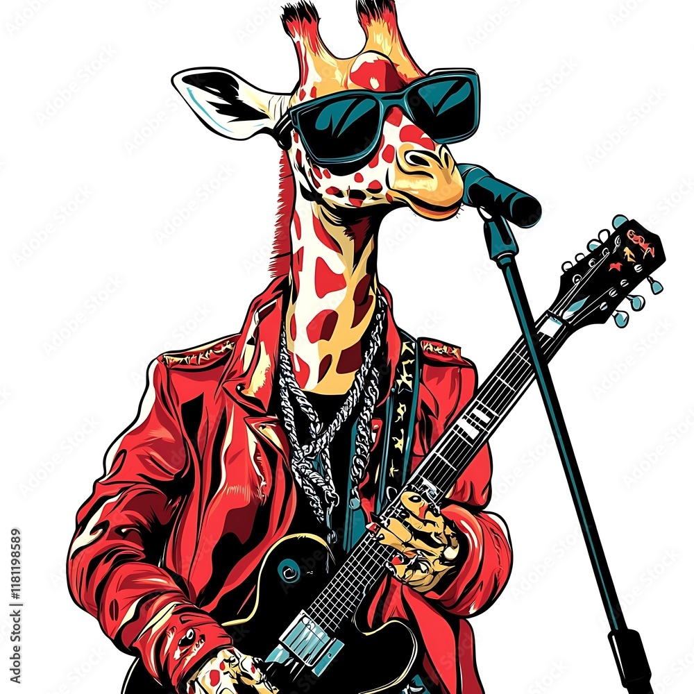 Fototapeta premium Giraffe playing guitar in sunglasses and leather jacket.
