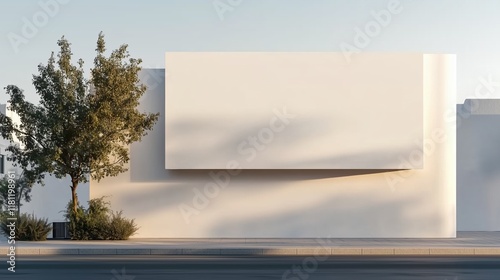 Minimalist architectural facade with tree and soft shadows