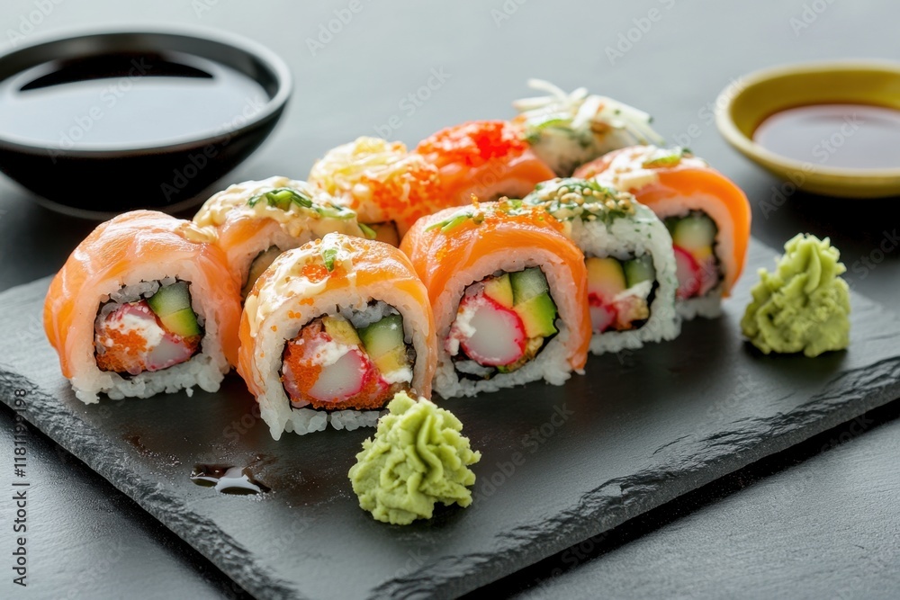 Sushi roll extravaganza culinary delight in a modern eatery food presentation elegant setting close-up view gourmet sushi experience on a slate platter Sushi roll extravaganza culinary delight in a modern eatery food presentation elegant setting close-up view gourmet sushi experience on a slate platter